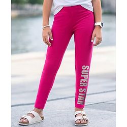 Pine Kids Cotton Knit Full Length Leggings With Text Print - Fuchsia