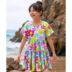Pine Kids 100% Cotton Half Sleeves Floral Printed Tiered Dress - Multi Colour
