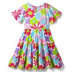 Pine Kids 100% Cotton Half Sleeves Floral Printed Tiered Dress - Multi Colour
