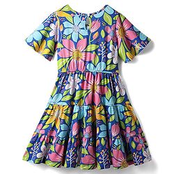 Pine Kids 100% Cotton Half Sleeves Floral Printed Tiered Dress - Blue