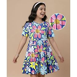Pine Kids 100% Cotton Half Sleeves Floral Printed Tiered Dress - Blue