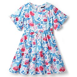 Pine Kids 100% Cotton Half Sleeves Floral & Butterfly Printed Tiered Dress - Multi Colour