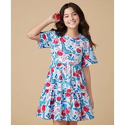 Pine Kids 100% Cotton Half Sleeves Floral & Butterfly Printed Tiered Dress - Multi Colour