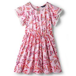 Pine Kids Cotton Knit Half Sleeves Frock With Butterfly Print - Pink