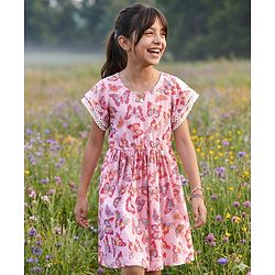 Pine Kids Cotton Knit Half Sleeves Frock With Butterfly Print - Pink