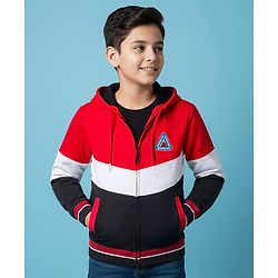 Pine Kids Cotton Knit Full Sleeves Cut & Sew Hooded SweatJacket with Patch Detailing - Multicolor