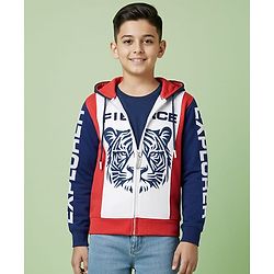 Pine Kids Cotton Knit Full Sleeves Hooded Sweatjacket With Tiger Print - Multicolor