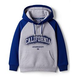 Pine Kids Cotton Knit Full Raglan Sleeves Hooded Sweatshirt With California Print & Kangaroo Pockets - Light Grey & Blue