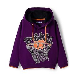 Pine Kids Cotton Knit Full Sleeves Hooded Sweatshirt With Front & Back Basketball Print - Purple
