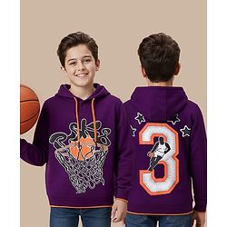 Pine Kids Cotton Knit Full Sleeves Hooded Sweatshirt With Front & Back Basketball Print - Purple