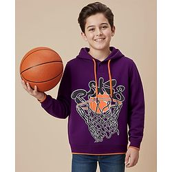 Pine Kids Cotton Knit Full Sleeves Hooded Sweatshirt With Front & Back Basketball Print - Purple