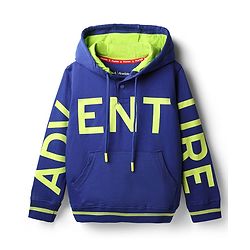 Pine Kids Cotton Knit Full Sleeves Hooded Sweatshirt with Text Print & Kangaroo Pockets - Navy Blue