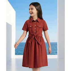 Pine Kids 100% Cotton Half Sleeves Solid Coloured Dress With Belt & Collar Neck - Red