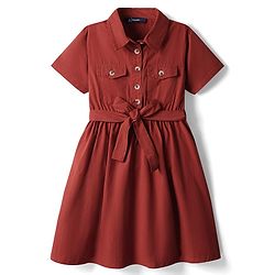 Pine Kids 100% Cotton Half Sleeves Solid Coloured Dress With Belt & Collar Neck - Red