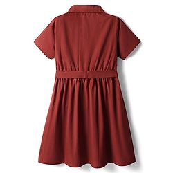Pine Kids 100% Cotton Half Sleeves Solid Coloured Dress With Belt & Collar Neck - Red