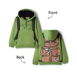 Pine Kids Cotton Knit Full Sleeves Hooded Sweatshirt With Front & Back Explorer Print & Kangaroo Pockets - Green
