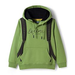 Pine Kids Cotton Knit Full Sleeves Hooded Sweatshirt With Front & Back Explorer Print & Kangaroo Pockets - Green