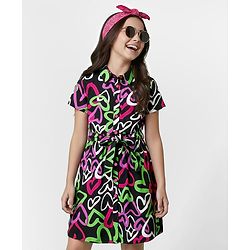 Pine Kids Rayon Woven Half Sleeves Shirt Dress With Heart Print - Black