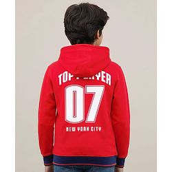 Pine Kids Cotton Knit Full Sleeves Hooded Sweatshirt with Front & Back Text Graphic & Kangaroo Pocket - Red
