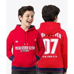 Pine Kids Cotton Knit Full Sleeves Hooded Sweatshirt with Front & Back Text Graphic & Kangaroo Pocket - Red