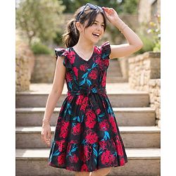 Pine Kids Rayon Woven Frill Sleeves Frock with Fabric Belt & Floral Print - Black