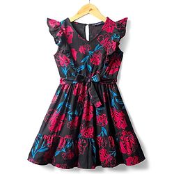 Pine Kids Rayon Woven Frill Sleeves Frock with Fabric Belt & Floral Print - Black