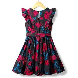 Pine Kids Rayon Woven Frill Sleeves Frock with Fabric Belt & Floral Print - Black