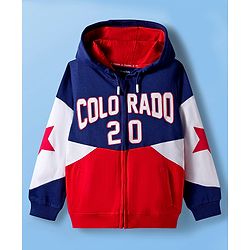 Pine Kids Cotton Knit Full Sleeves Hooded Sweatjacket With Colorado Print - Navy Blue Red & White