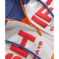 Pine Kids Cotton Knit Full Sleeves Cut & Sew Designed Hooded Sweatjacket with Text Print & Kangaroo Pockets - Orange Blue & White