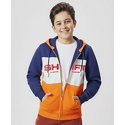 Pine Kids Cotton Knit Full Sleeves Cut & Sew Designed Hooded Sweatjacket with Text Print & Kangaroo Pockets - Orange Blue & White