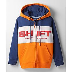 Pine Kids Cotton Knit Full Sleeves Cut & Sew Designed Hooded Sweatjacket with Text Print & Kangaroo Pockets - Orange Blue & White