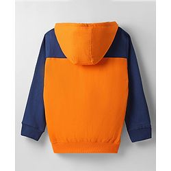 Pine Kids Cotton Knit Full Sleeves Cut & Sew Designed Hooded Sweatjacket with Text Print & Kangaroo Pockets - Orange Blue & White