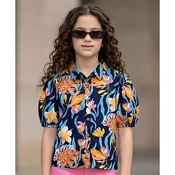 Pine Kids Woven Puffed Sleeves Top With Floral Print - Navy Blue