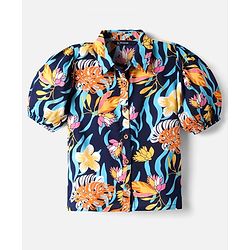 Pine Kids Woven Puffed Sleeves Top With Floral Print - Navy Blue