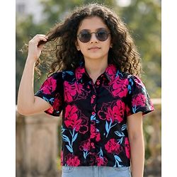 Pine Kids Woven Flutter Sleeves Shirt Style Top With Floral Print - Black