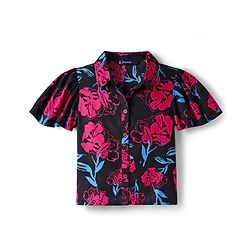 Pine Kids Woven Flutter Sleeves Shirt Style Top With Floral Print - Black