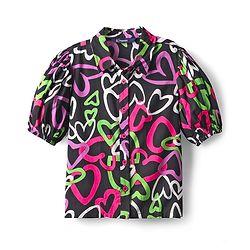 Pine Kids Woven Puff Sleeves Shirt Style Top With Heart Print - Black