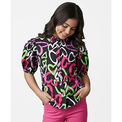 Pine Kids Woven Puff Sleeves Shirt Style Top With Heart Print - Black