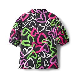 Pine Kids Woven Puff Sleeves Shirt Style Top With Heart Print - Black