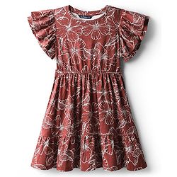 Pine Kids Cotton Knit Flutter Sleeves Dress with Floral Print & Cinched Waist - Fire Brick Maroon