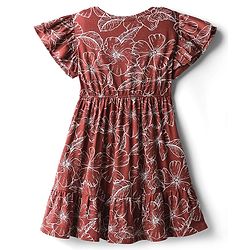 Pine Kids Cotton Knit Flutter Sleeves Dress with Floral Print & Cinched Waist - Fire Brick Maroon
