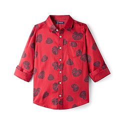 Pine Kids Cotton Woven Full Sleeves Shirt With Leaves Print - Red