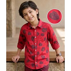 Pine Kids Cotton Woven Full Sleeves Shirt With Leaves Print - Red