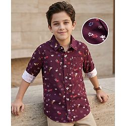 Pine Kids Cotton Woven Full Sleeves Shirt With Floral Print - Wine