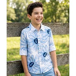 Pine Kids Cotton Woven Full Sleeves Shirt with Floral Print - Blue
