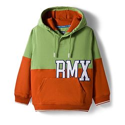 Pine Kids Cotton Knit Full Sleeves Hooded Sweatshirt With RMX Print & Kangaroo Pockets - Green & Rust
