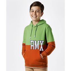 Pine Kids Cotton Knit Full Sleeves Hooded Sweatshirt With RMX Print & Kangaroo Pockets - Green & Rust