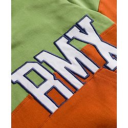 Pine Kids Cotton Knit Full Sleeves Hooded Sweatshirt With RMX Print & Kangaroo Pockets - Green & Rust