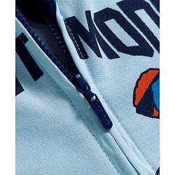 Pine Kids Cotton Knit Full Sleeves Hooded SweatJacket with Surfing Print - Light Blue