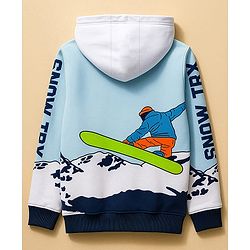 Pine Kids Cotton Knit Full Sleeves Hooded SweatJacket with Surfing Print - Light Blue